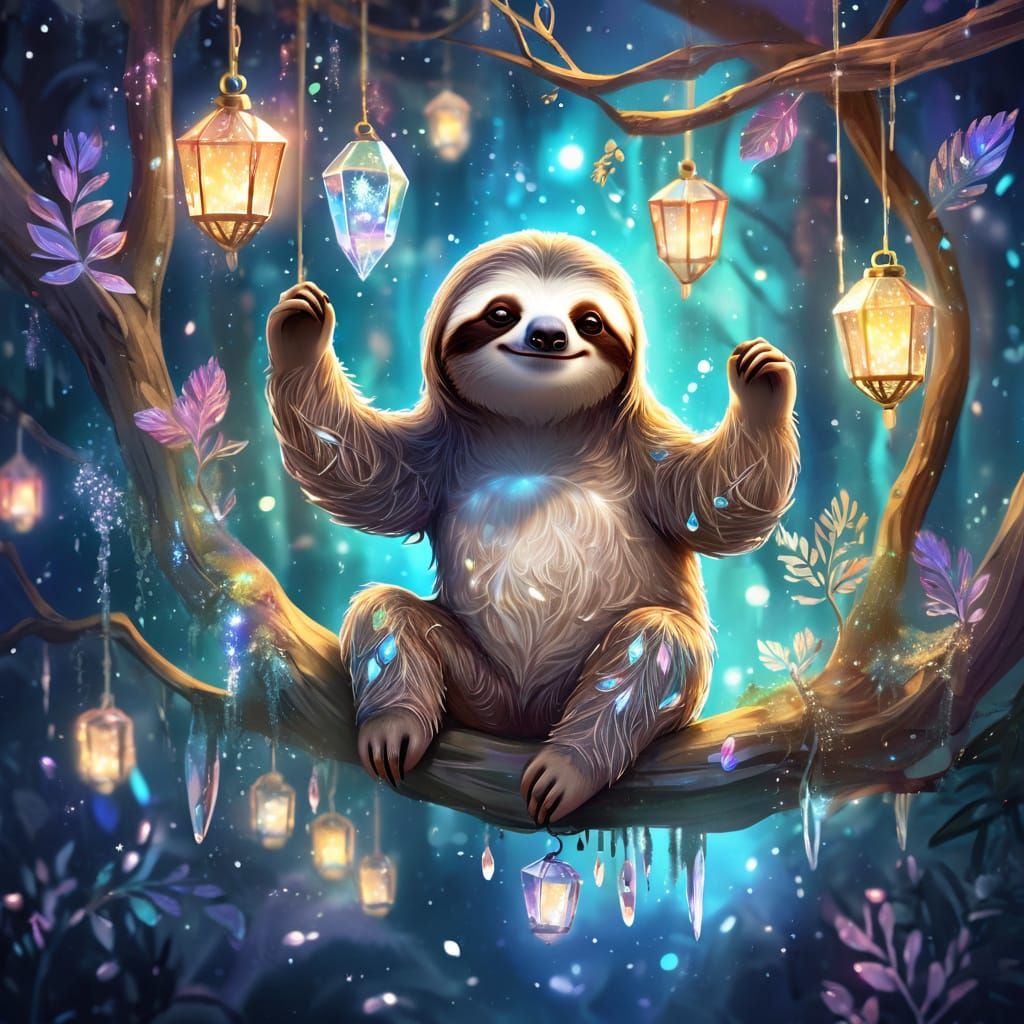 Whimsical Sloth with Glowing Lanterns in Crystal Forest