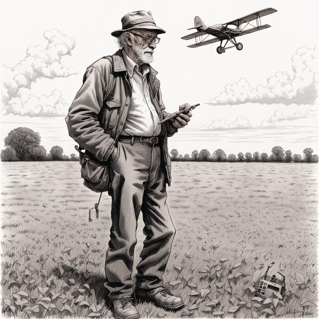 Man Flying Radio Controlled Airplane: Ink Pen Drawing
