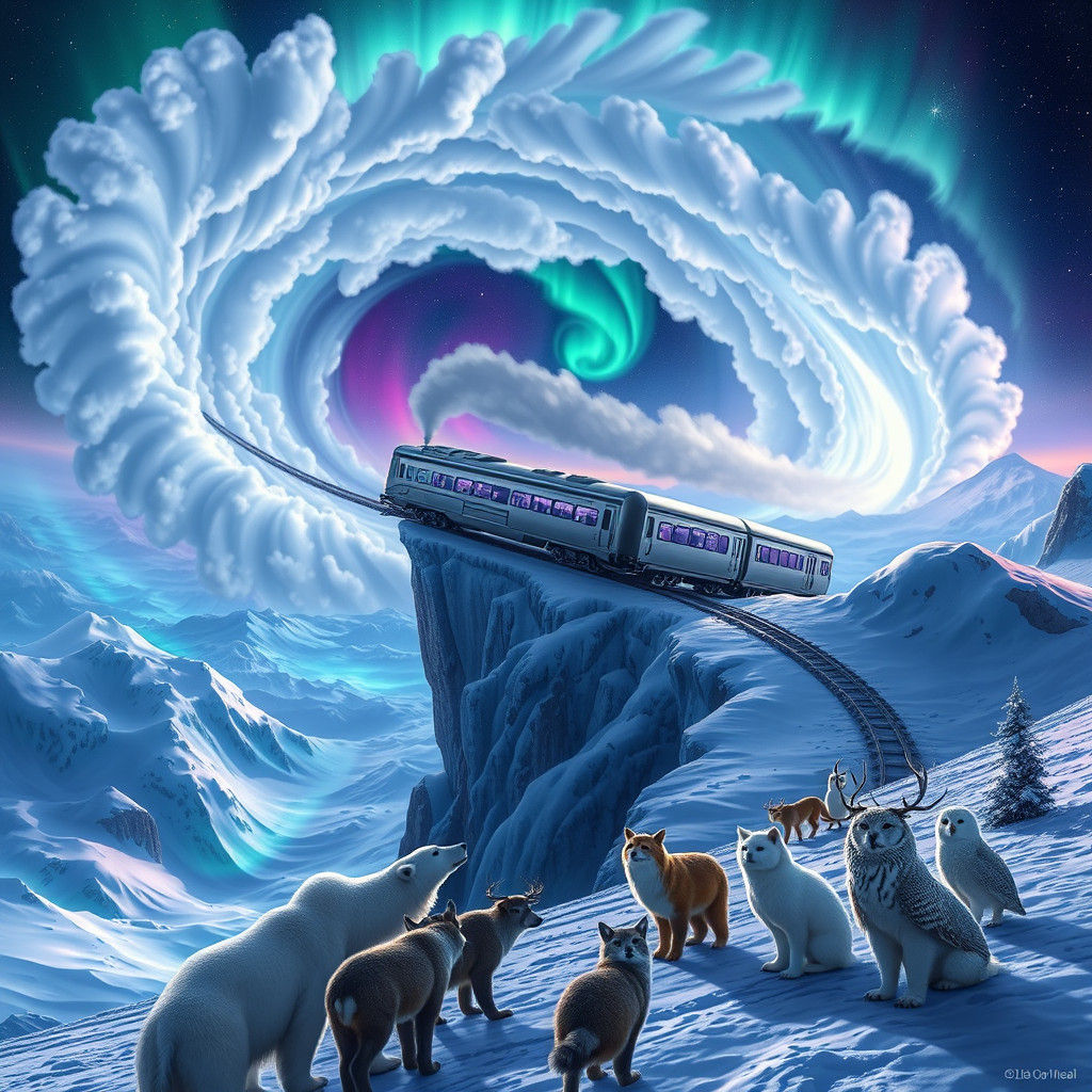 Train Above North Pole with Northern Lights