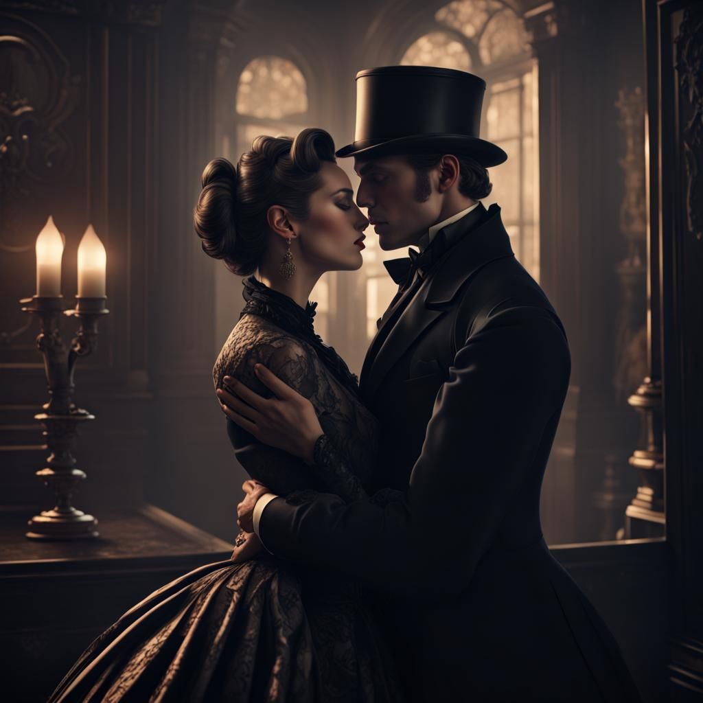 Elegant Victorian Couple in Classic Noir Embrace