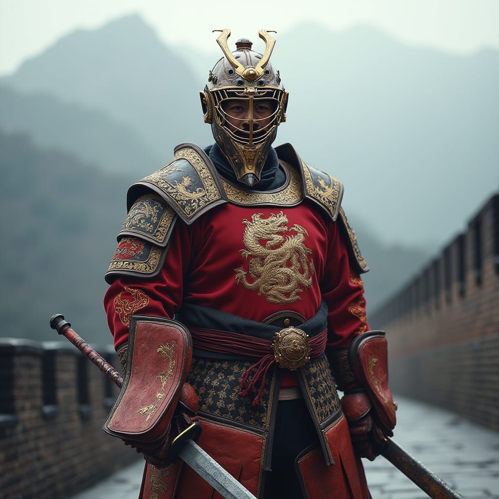 Hockey Goaltender in Ancient Armor Faces Great Wall of China