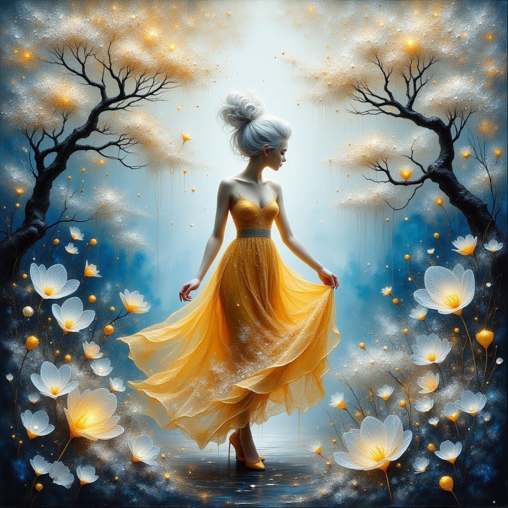 Klimt-Inspired Woman Among Iridescent Bonsai Trees