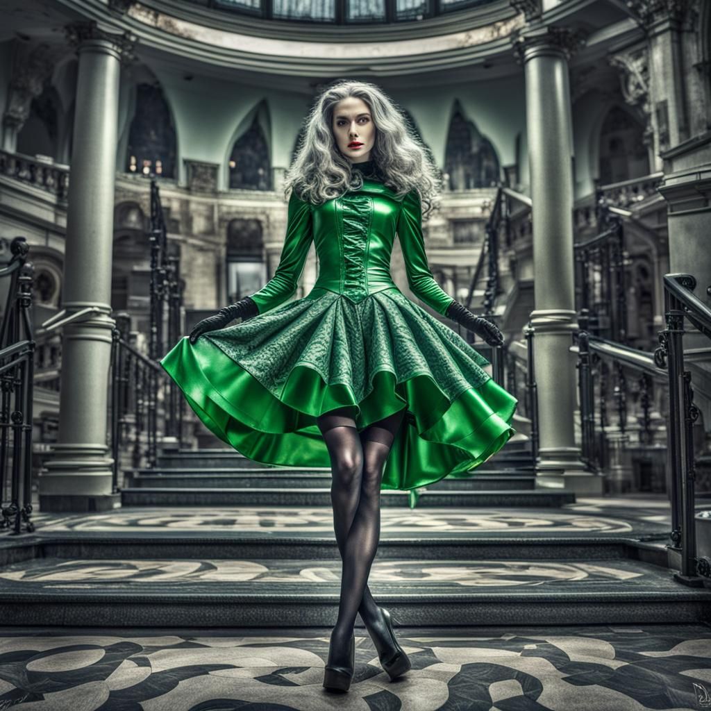 Dominant Woman in Green Dress and Latex Pantyhose