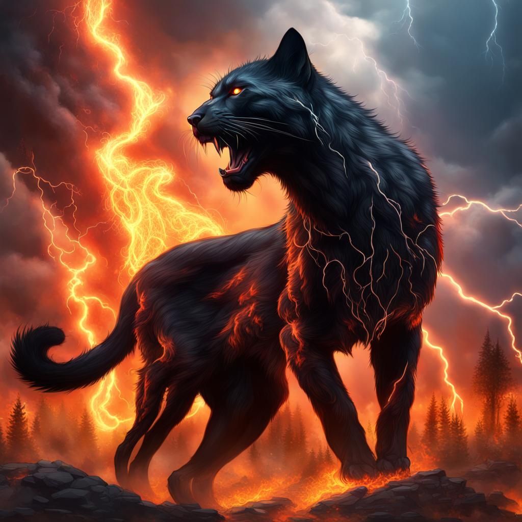 Panther Wolf Hybrid with Lightning and Fire