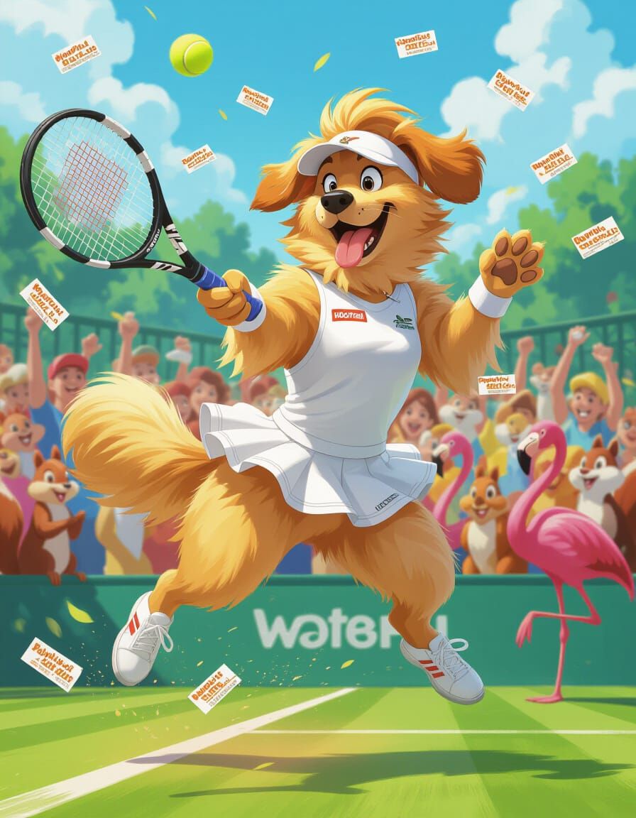 Golden Retriever Ace: Tennis Action in Cartoon Style