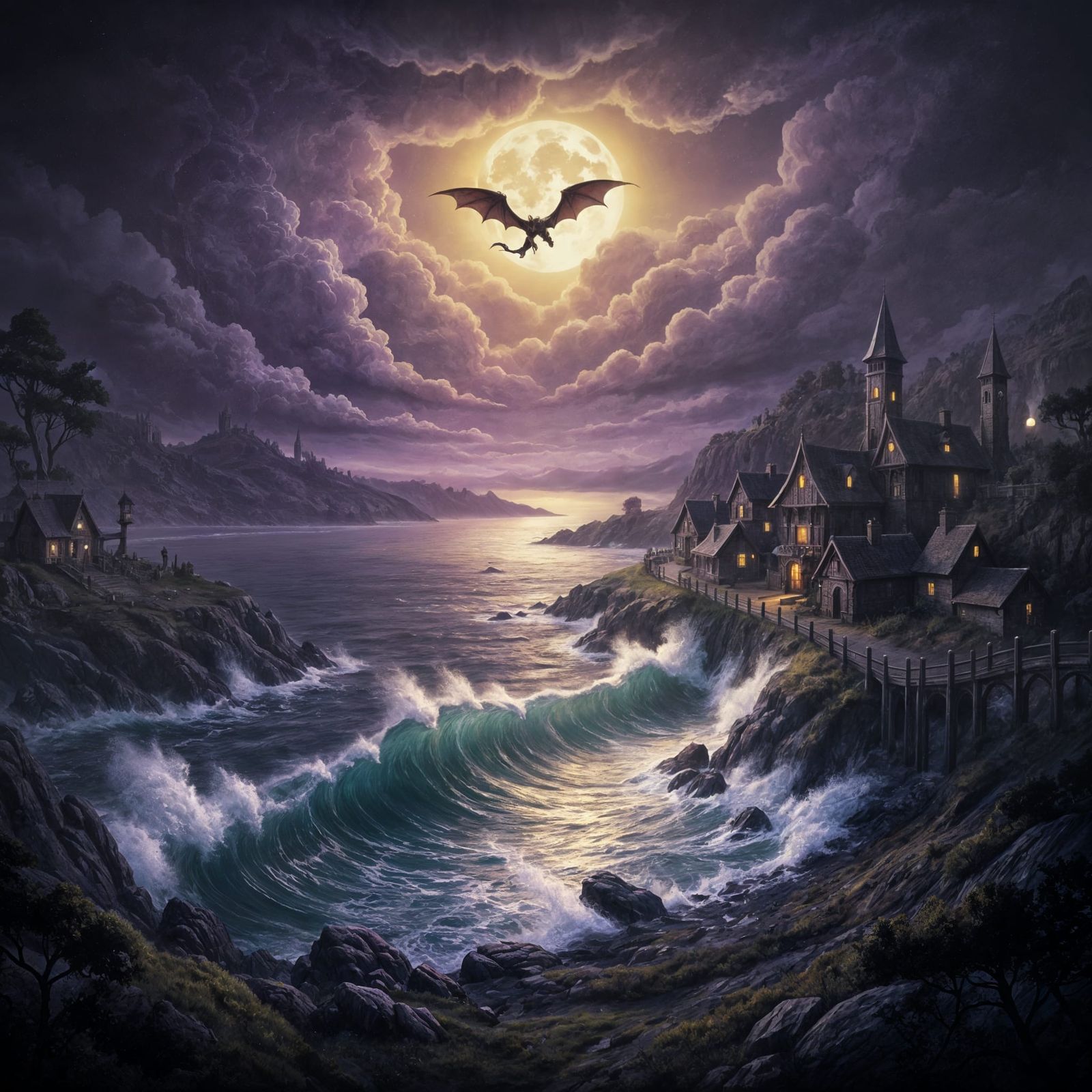 Dark Fantasy Village Under Stormy Moon and Dragon