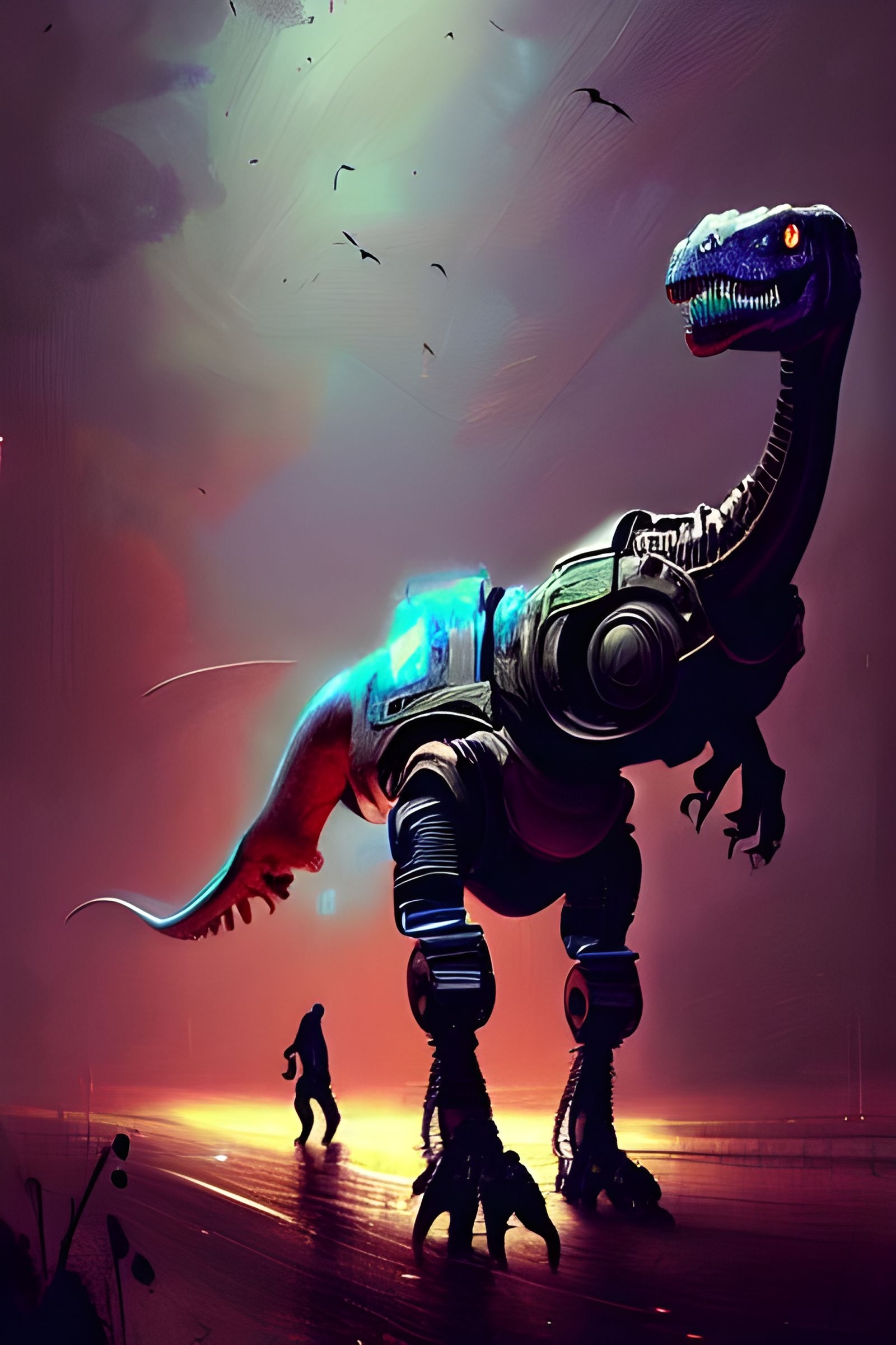 Man Rides Robotic Dinosaur: Digital Illustration