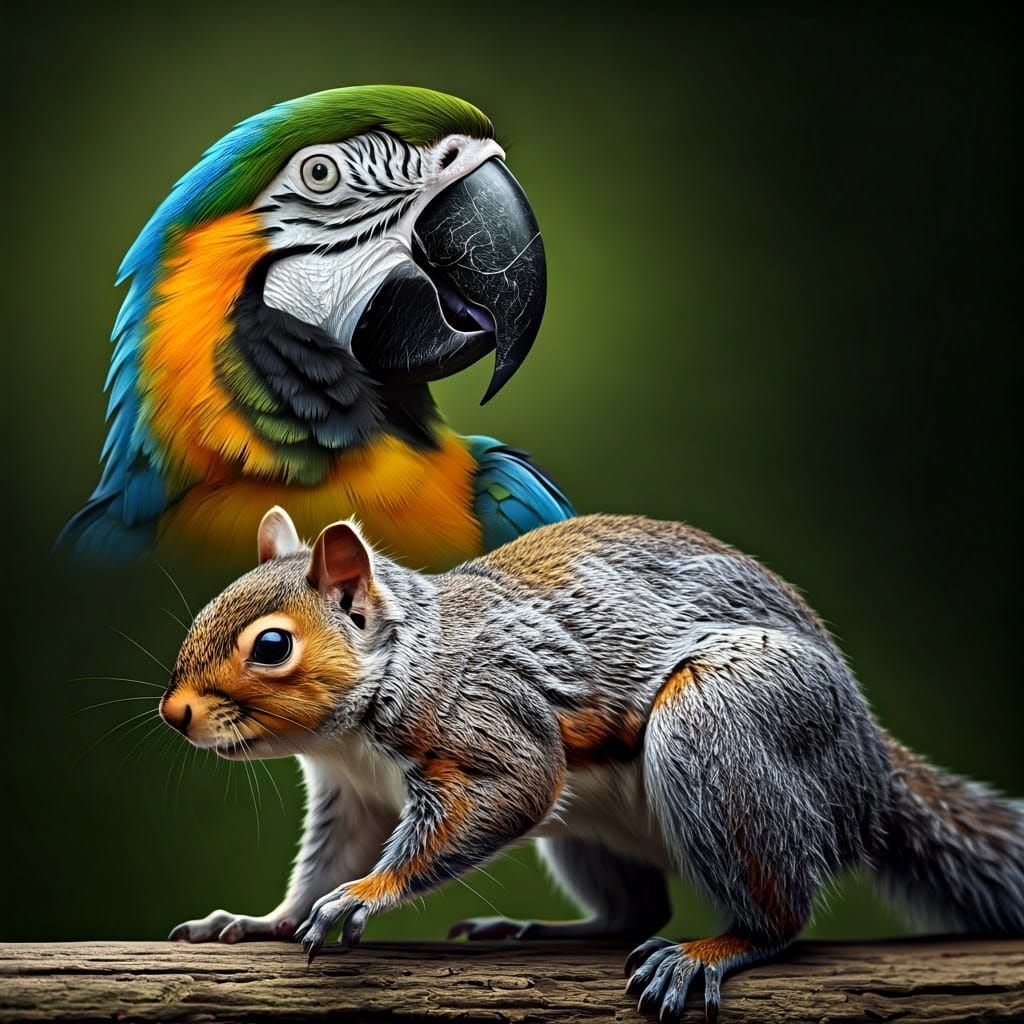 Vibrant Squirrel-Parrot Hybrid in Hyperrealistic Art Style