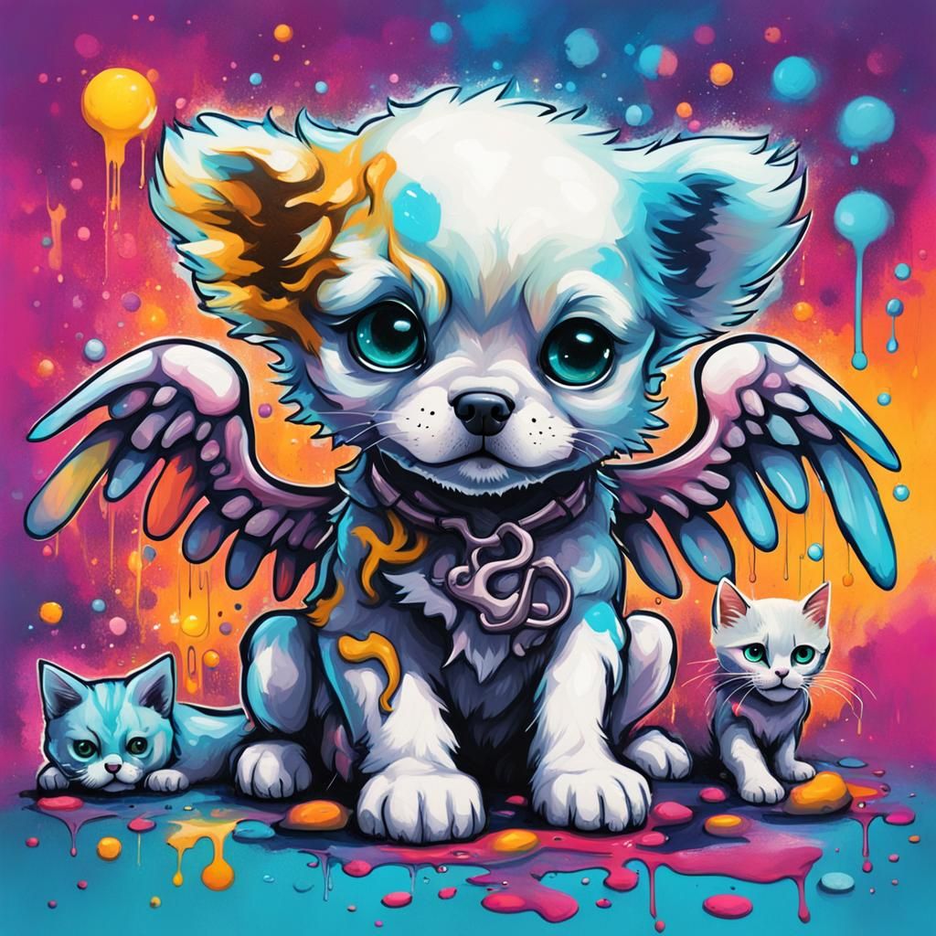 Adorable Angel Puppy and Kitten Skeletons in Graffiti Art