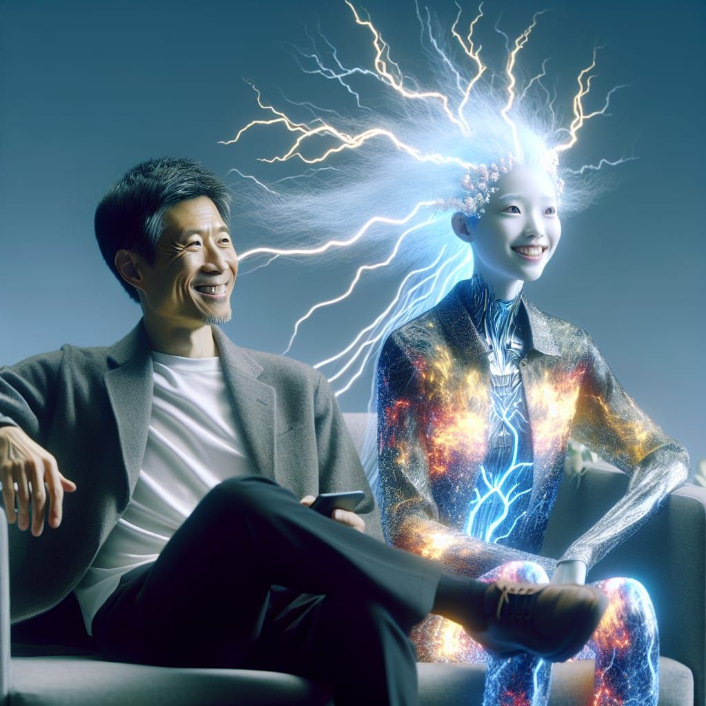 Cyberpunk Girl with Chinese Man in Twilight