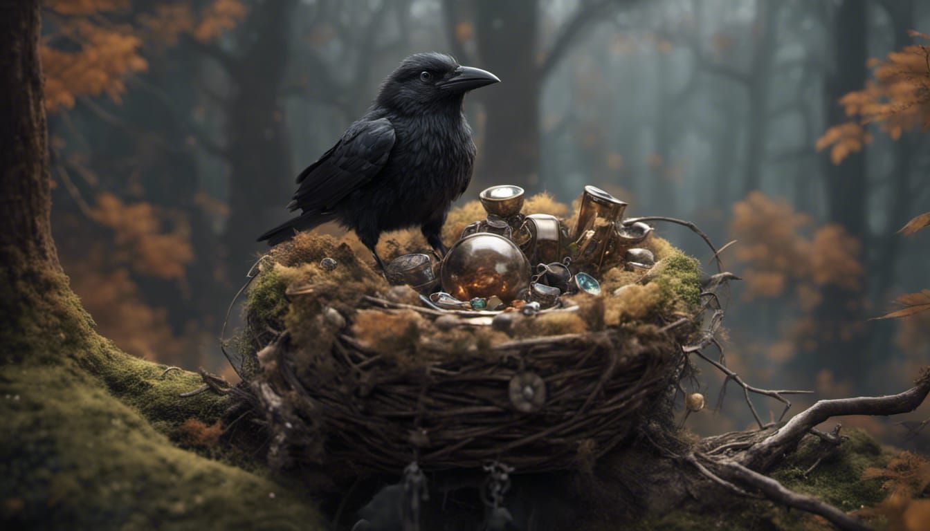 Baby Crow in Forest Nest Surrounded by Treasures