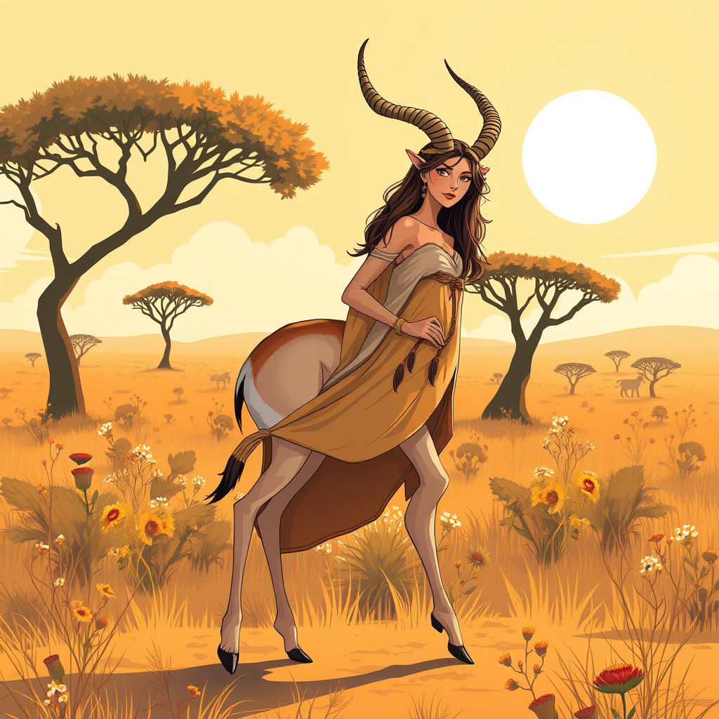 Gazelle Woman in Savannah, Whimsical Art Style