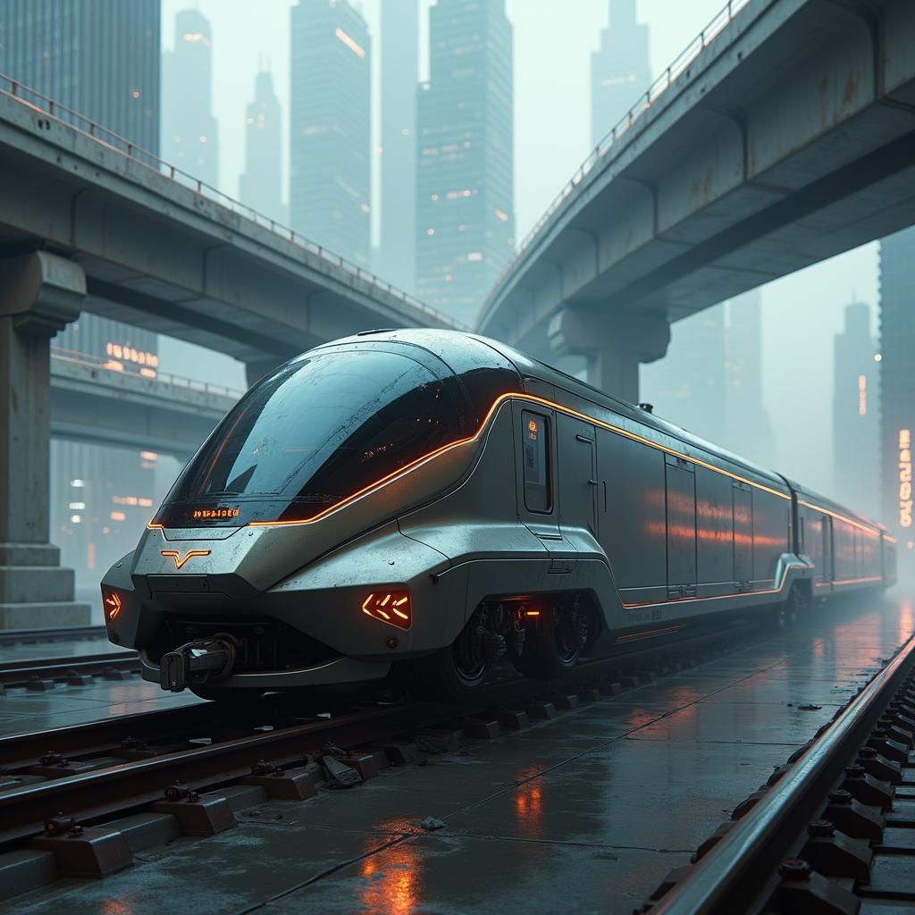 Futuristic Armored Train Speeds Through Dystopian Cityscape
