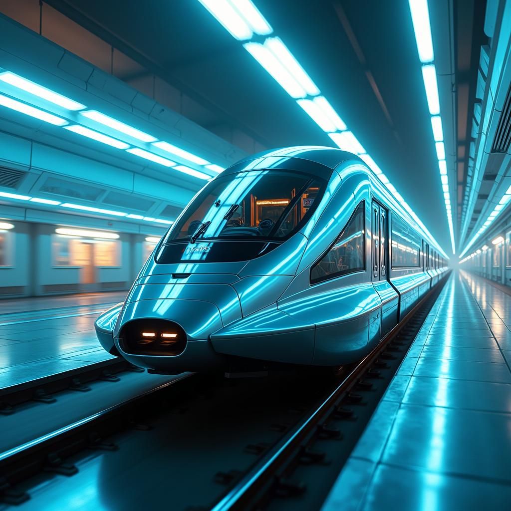 Futuristic Cybertruck Train Speeds Through Neon City