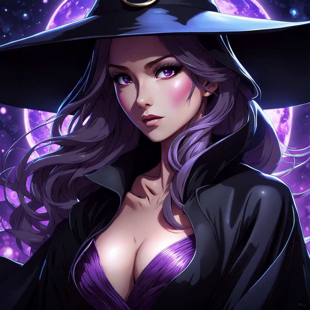 Anime-Style Witch with Purple Eyes