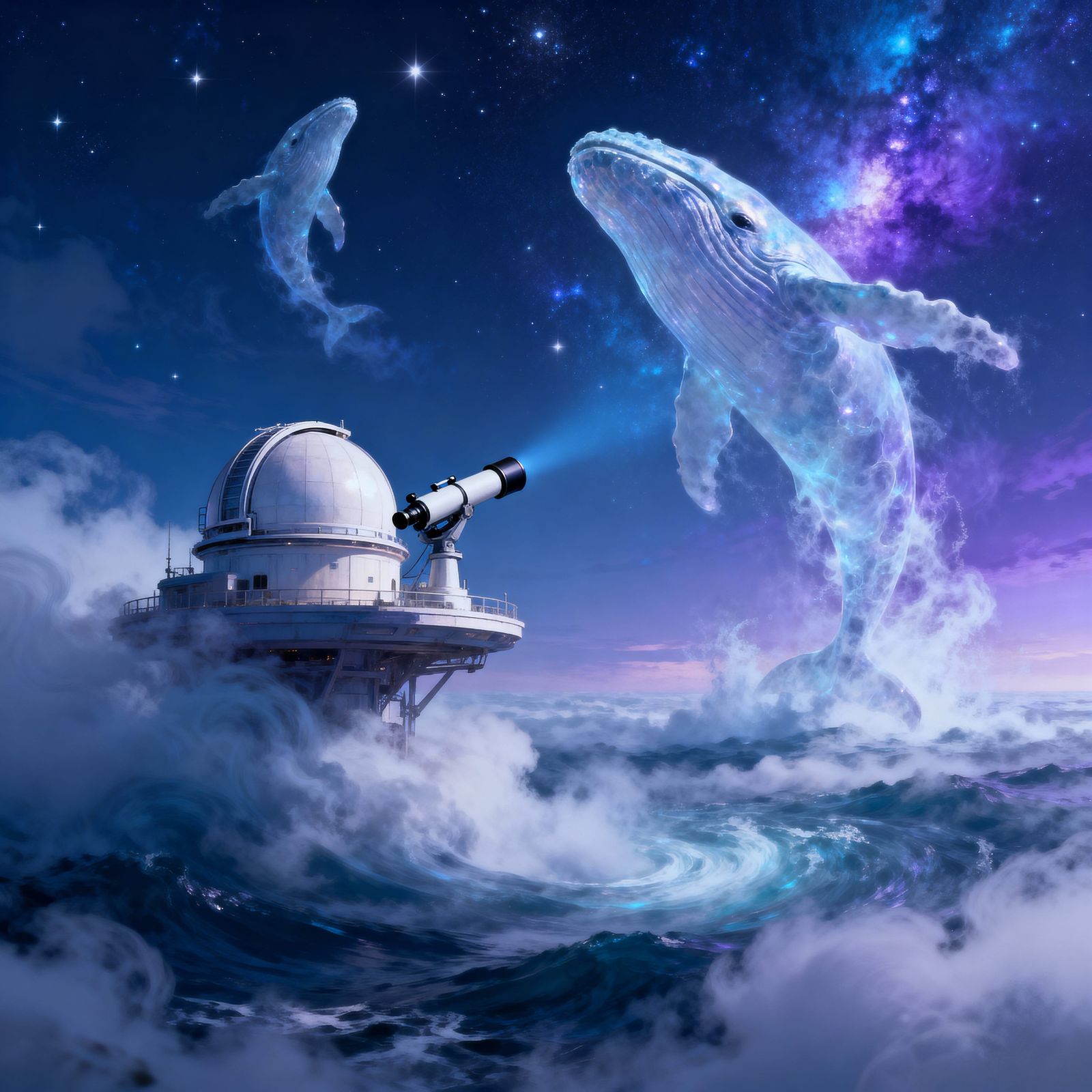 Ethereal Observatory and Cosmic Whales in Digital Matte Pain...