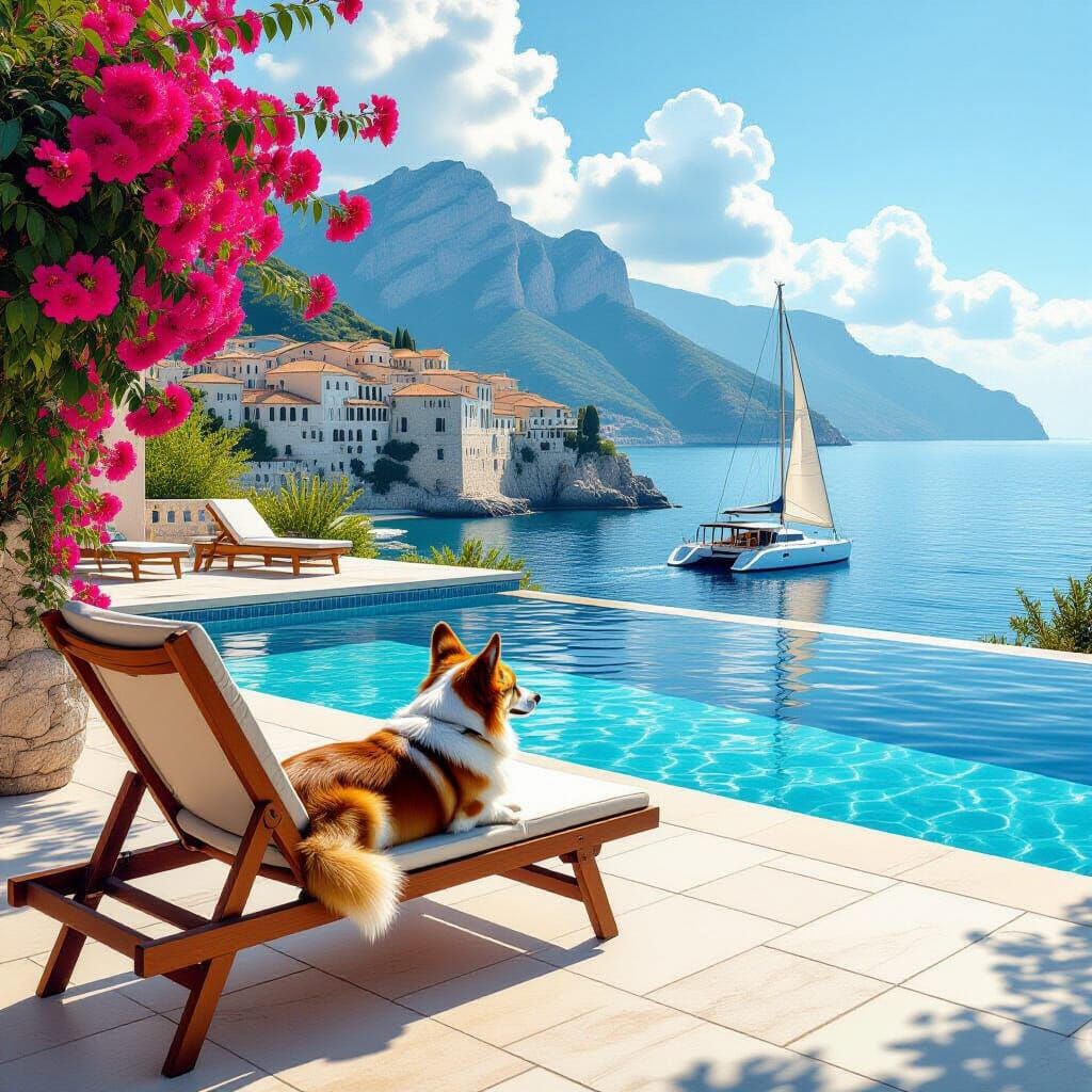 Corgi Relaxing by Mediterranean Villa Pool