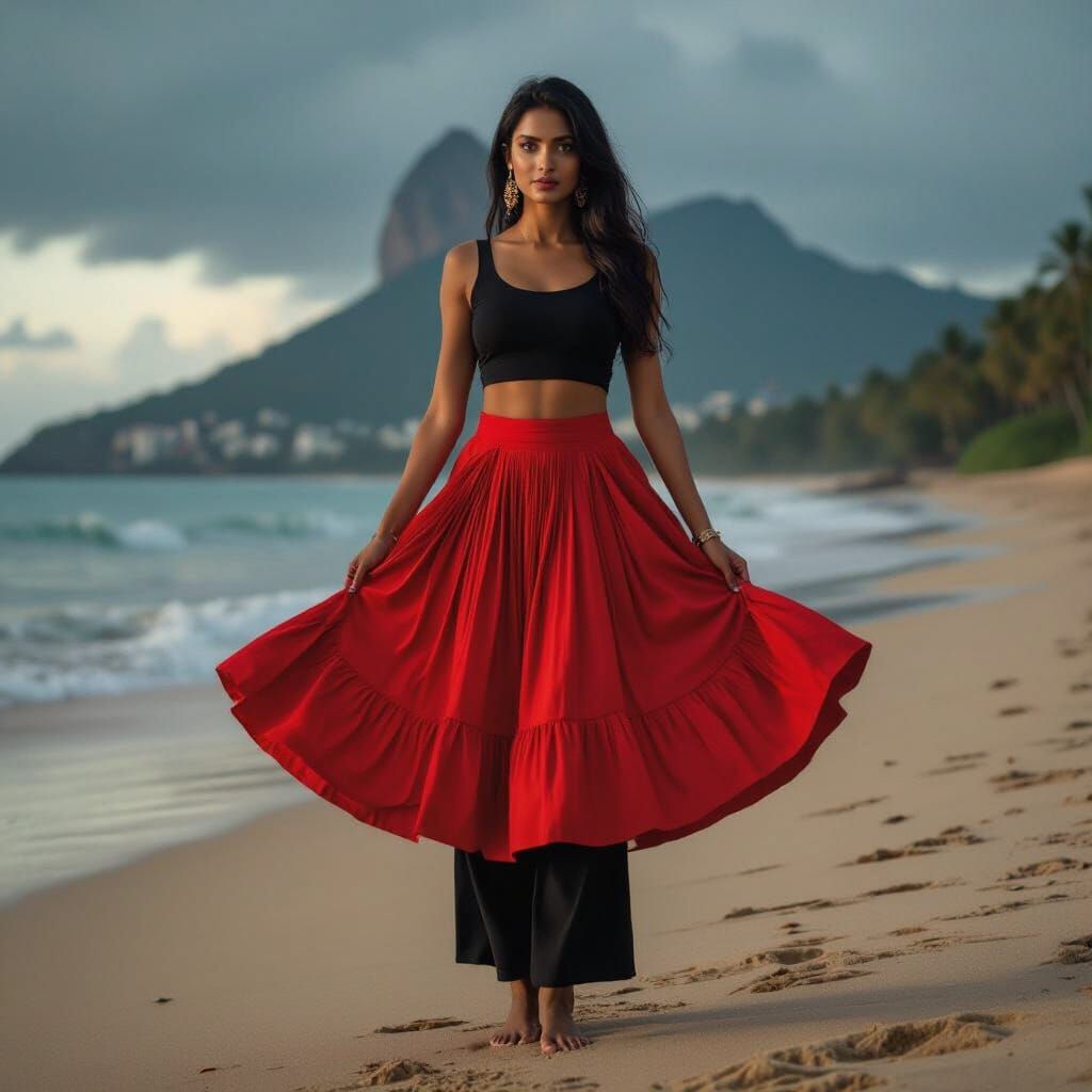 Sinhala Woman at Mount Lavinia Beach in Red and Black