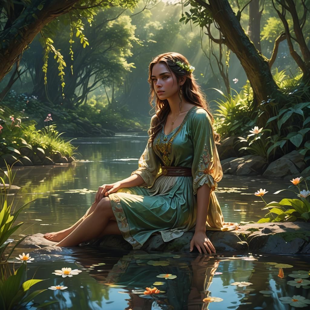 Fantasy Girl on Riverbank in Matte Painting Style