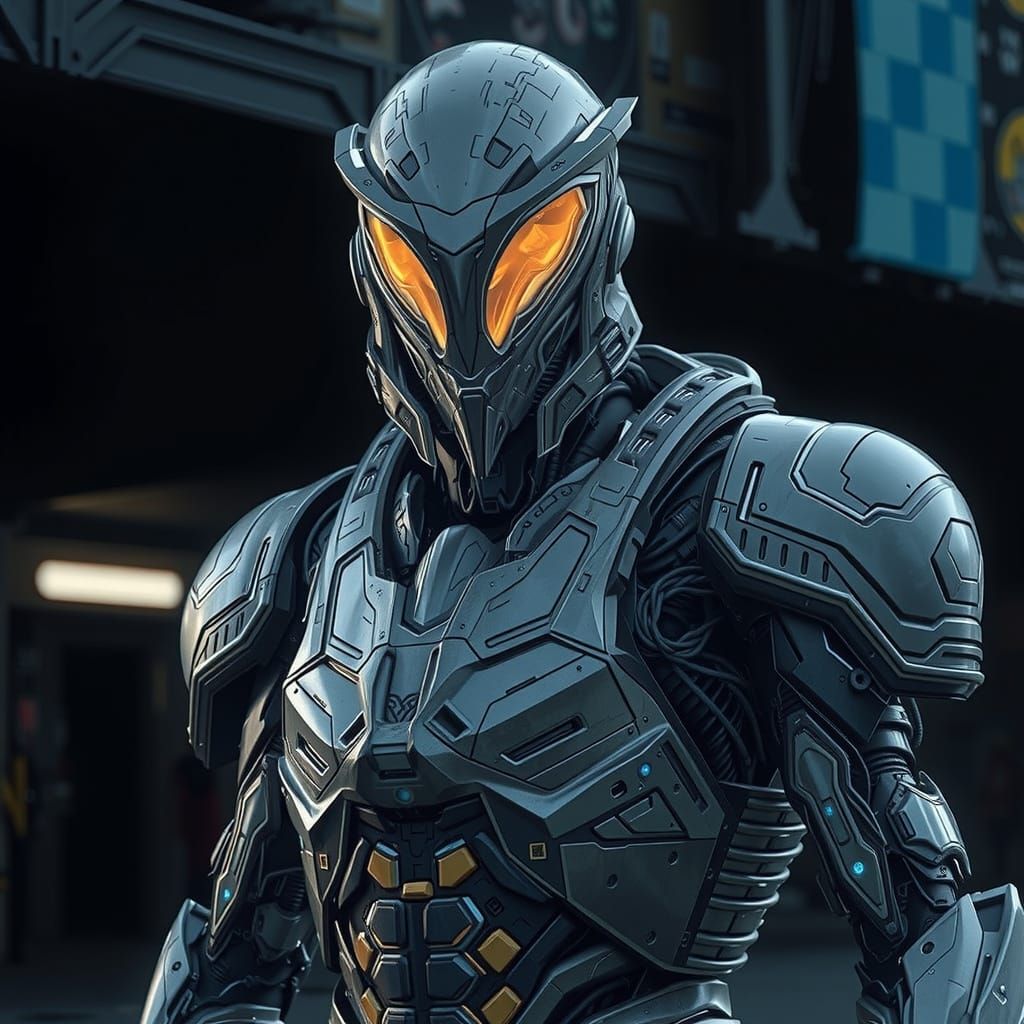 Futuristic Alien Soldier in Metallic Exosuit