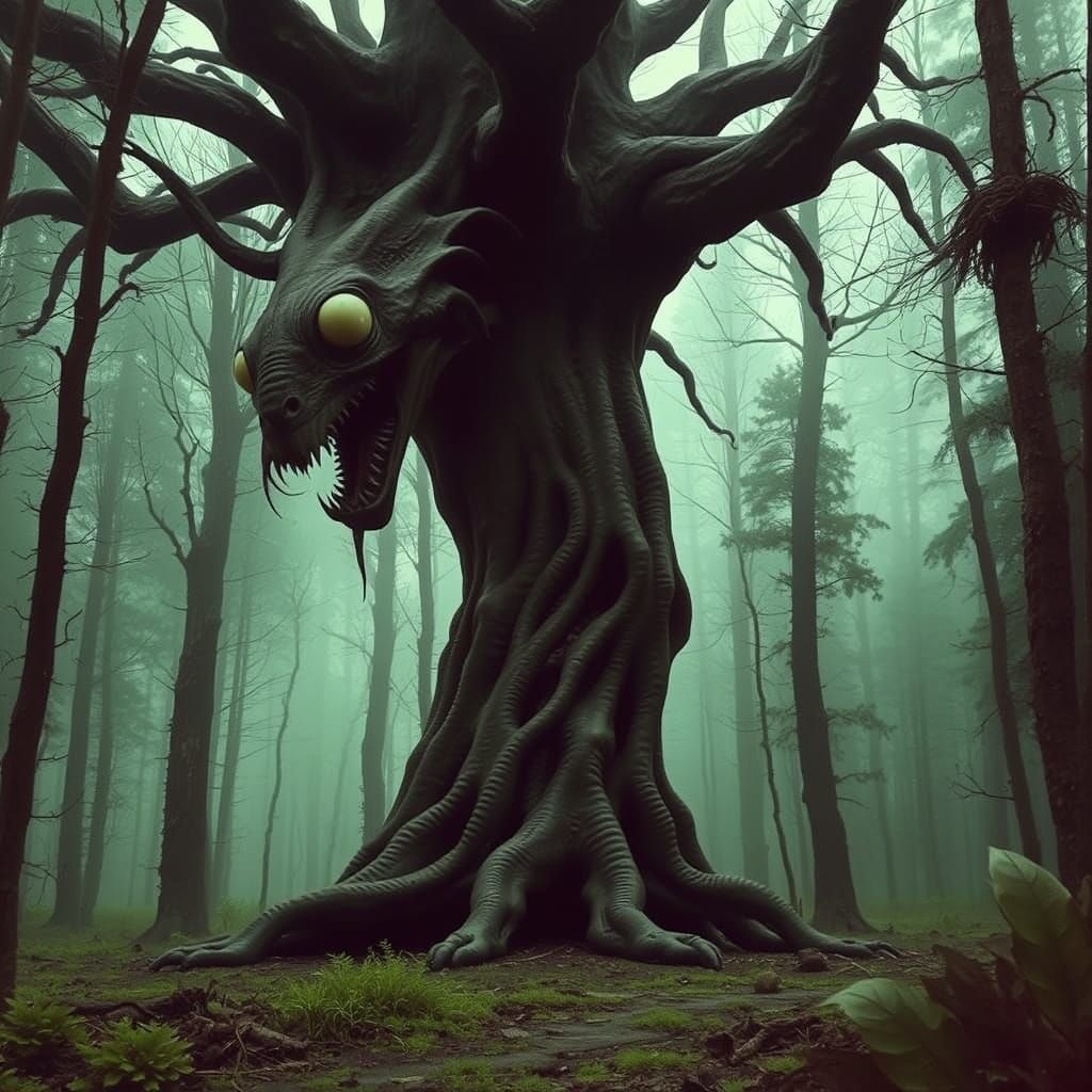 Eerie Alien Forest With Distorted Tree Monster