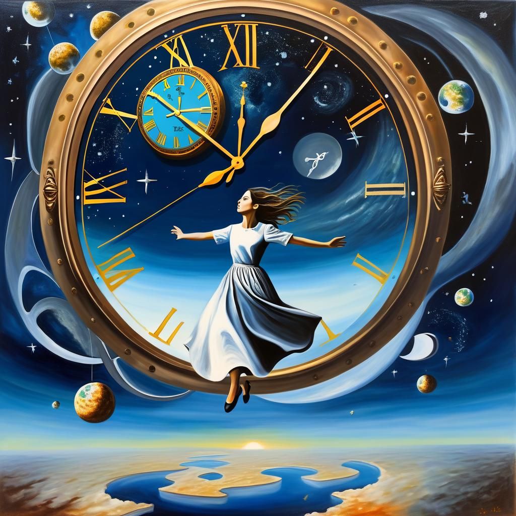 Surreal Woman in Space with Clocks