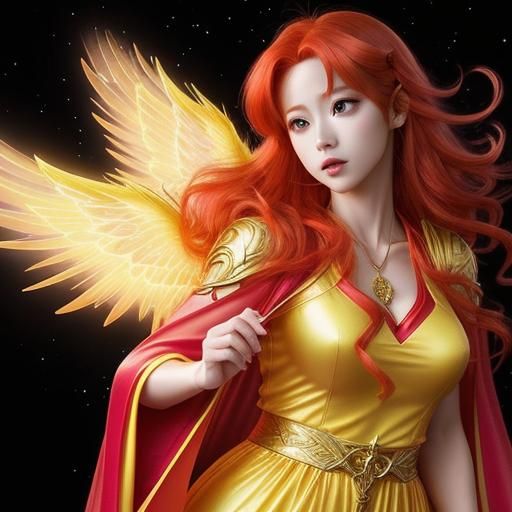 Glowing Red-Haired Angel with Cosmic Energy