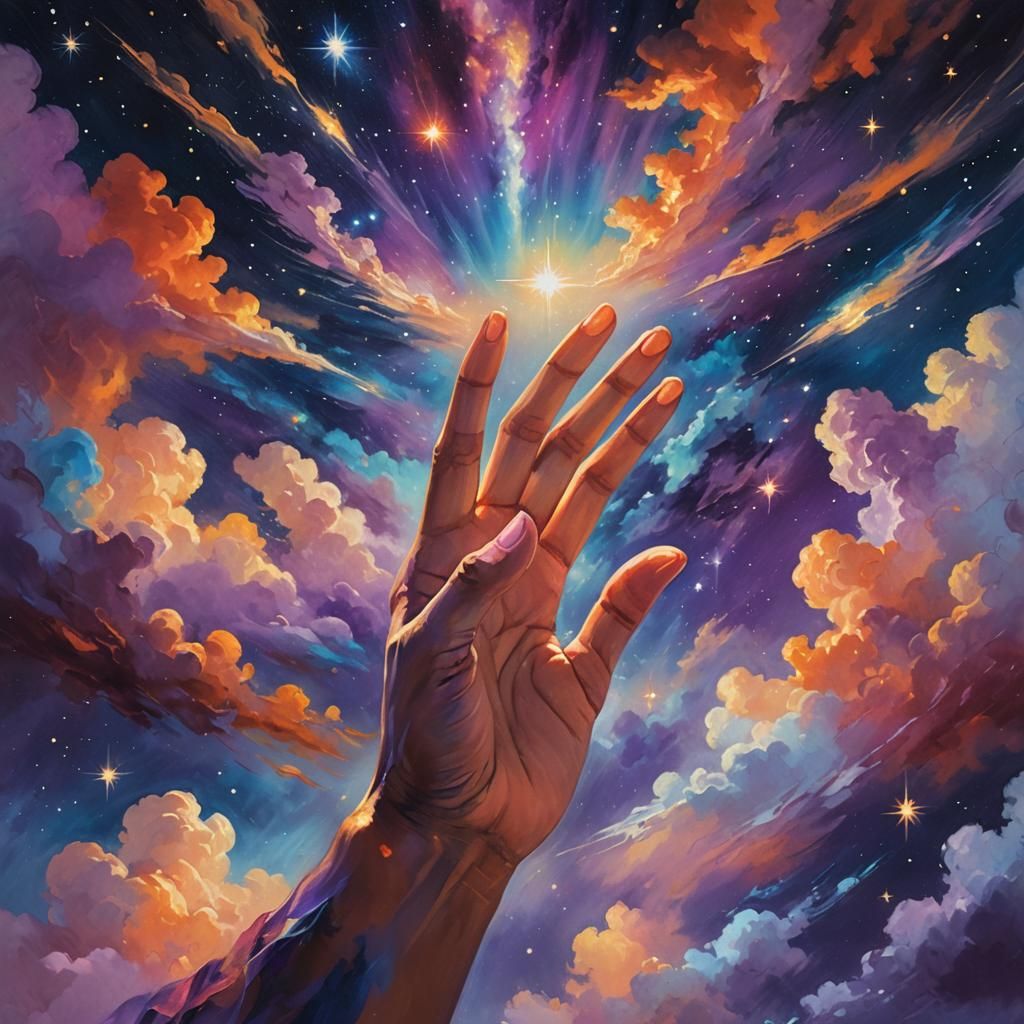 Hand Reaching for Stars in Dreamlike Celestial Art