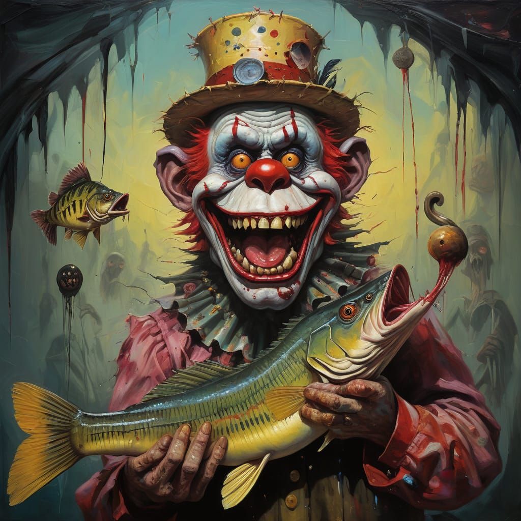 Grotesque Clownfisherman Holding Up a Zombie Bass in a Surre...