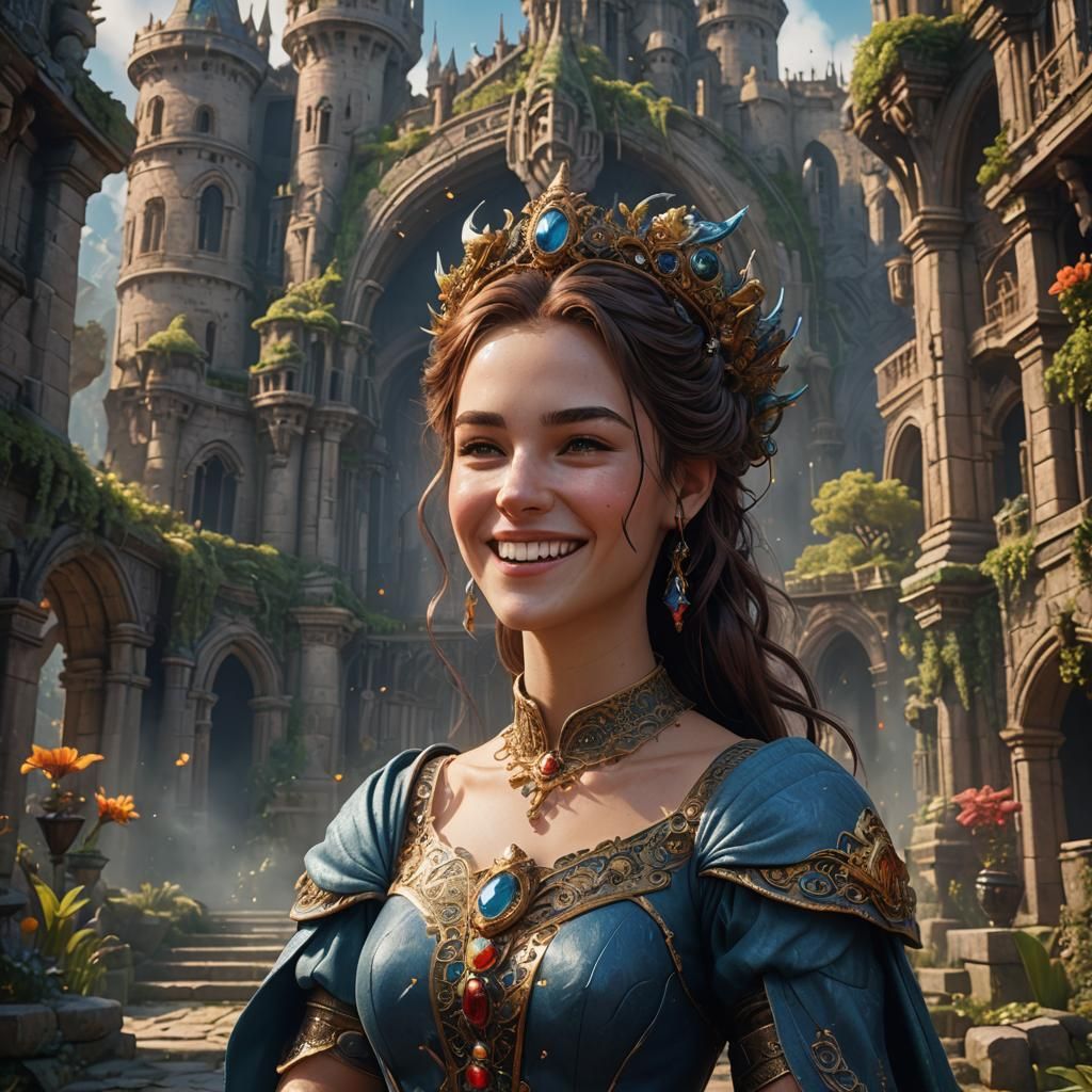 Pretty Lady Smiling in Detailed Matte Painting