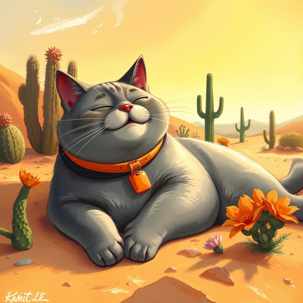 Whimsical Gray Cat in Desert Oasis