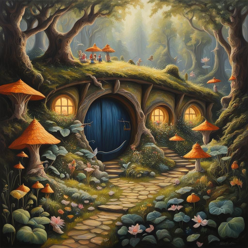 Fairies in Shadowy Hobbit Hole, Oil Painting