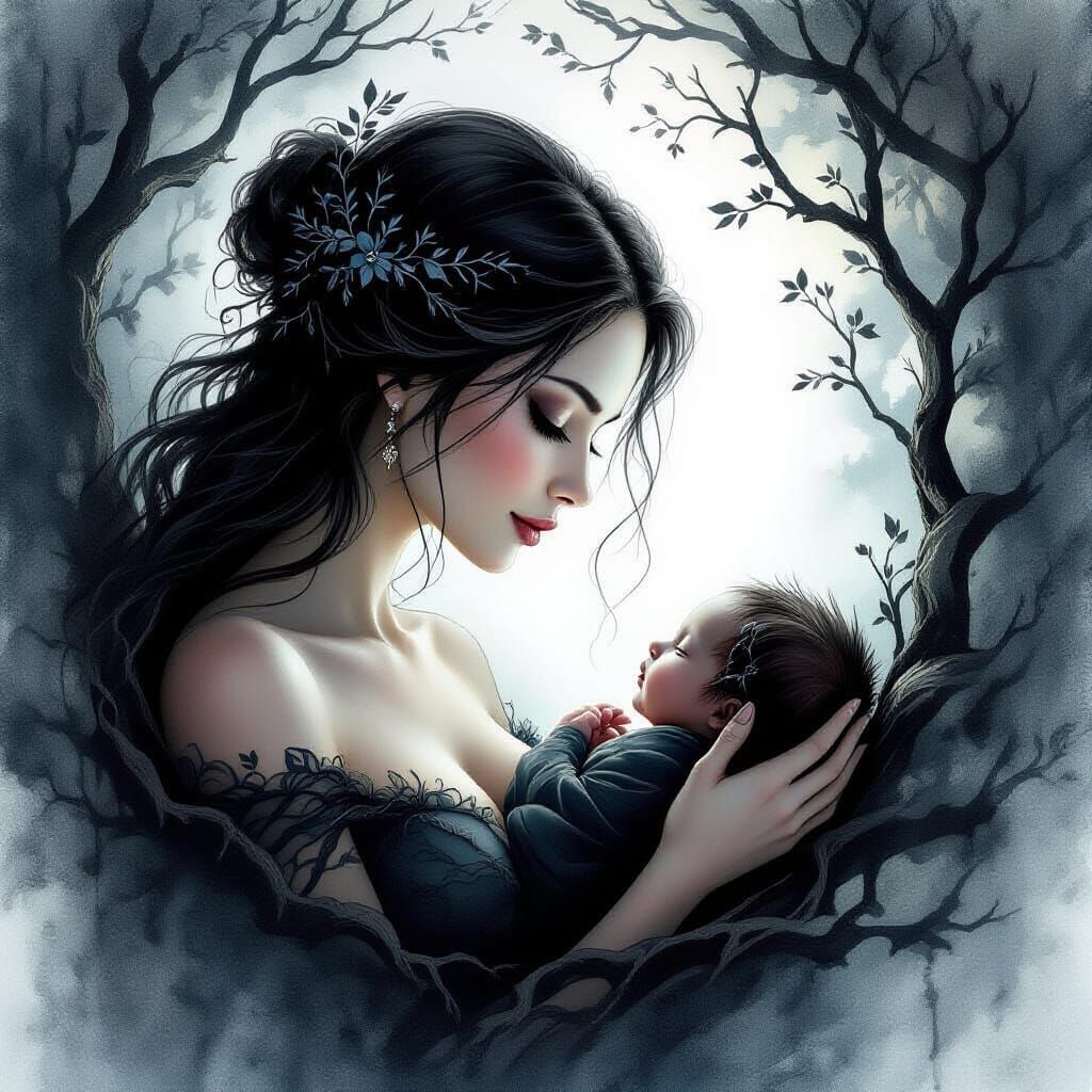 A hauntingly beautiful ink artwork showcasing an elegant female with a newborn silhouette crafted from entwined tree bra...