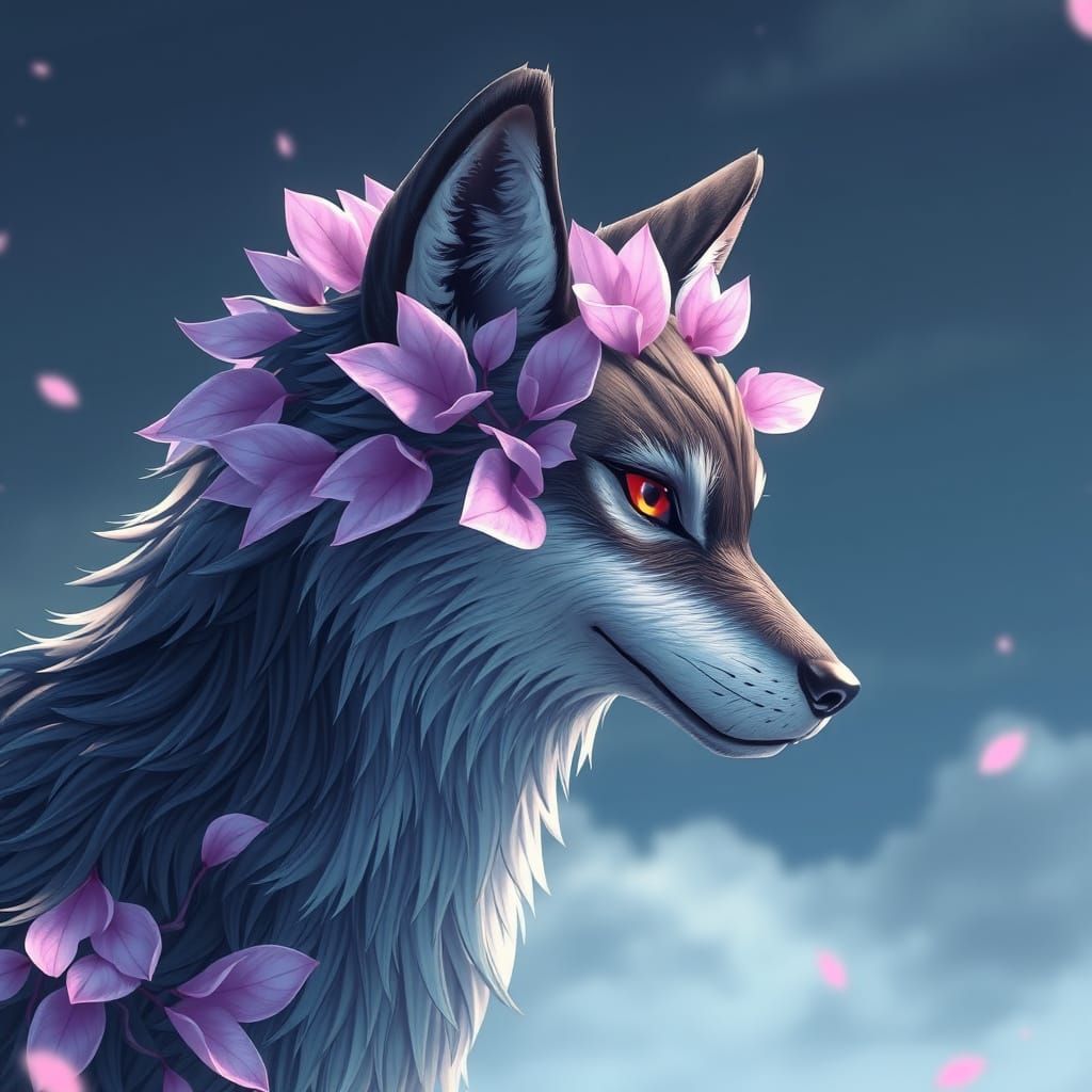 Wolf with Charcoal Coat and Lavender Petals in 3D Anime Styl...
