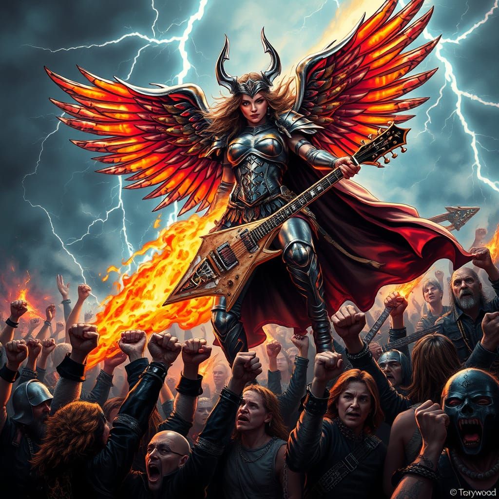 Heavy Metal Valkyrie Descends on Flaming Guitar
