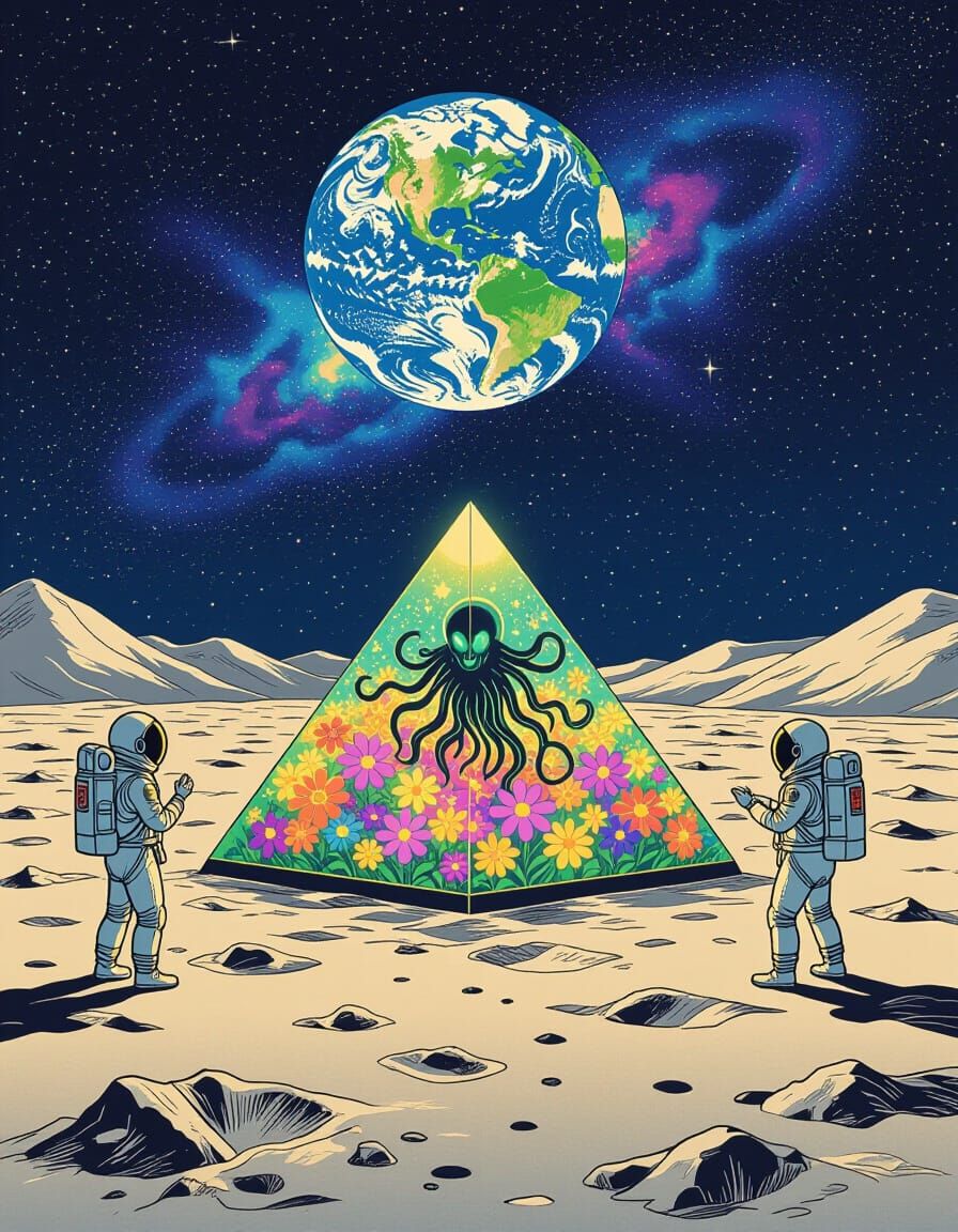 Astronauts Discover Alien Bloom on Moon in Ukiyo-e Style