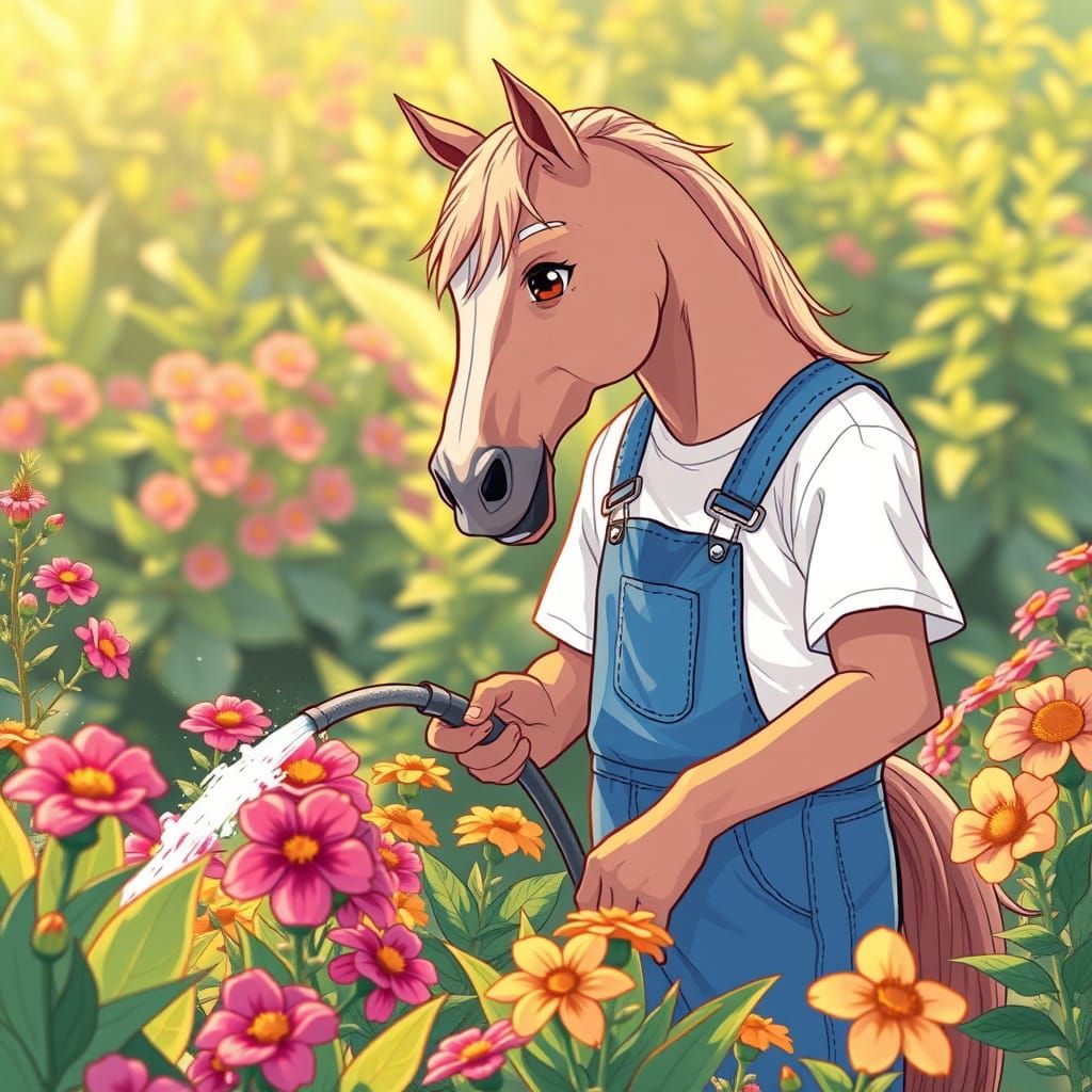Mythical Man with Horse's Head in Whimsical Anime Style