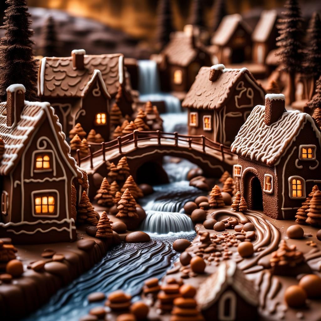 Gingerbread Village with Chocolate River, Hyperrealistic HDR