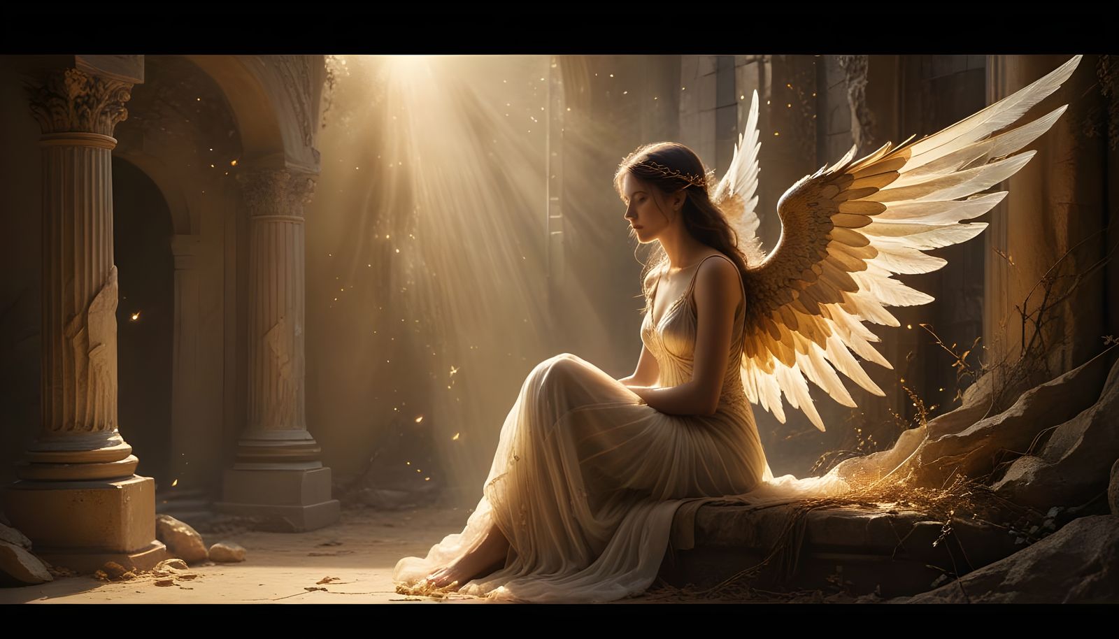 Ethereal Mystical Woman in Contemplation with Delicate Wings...