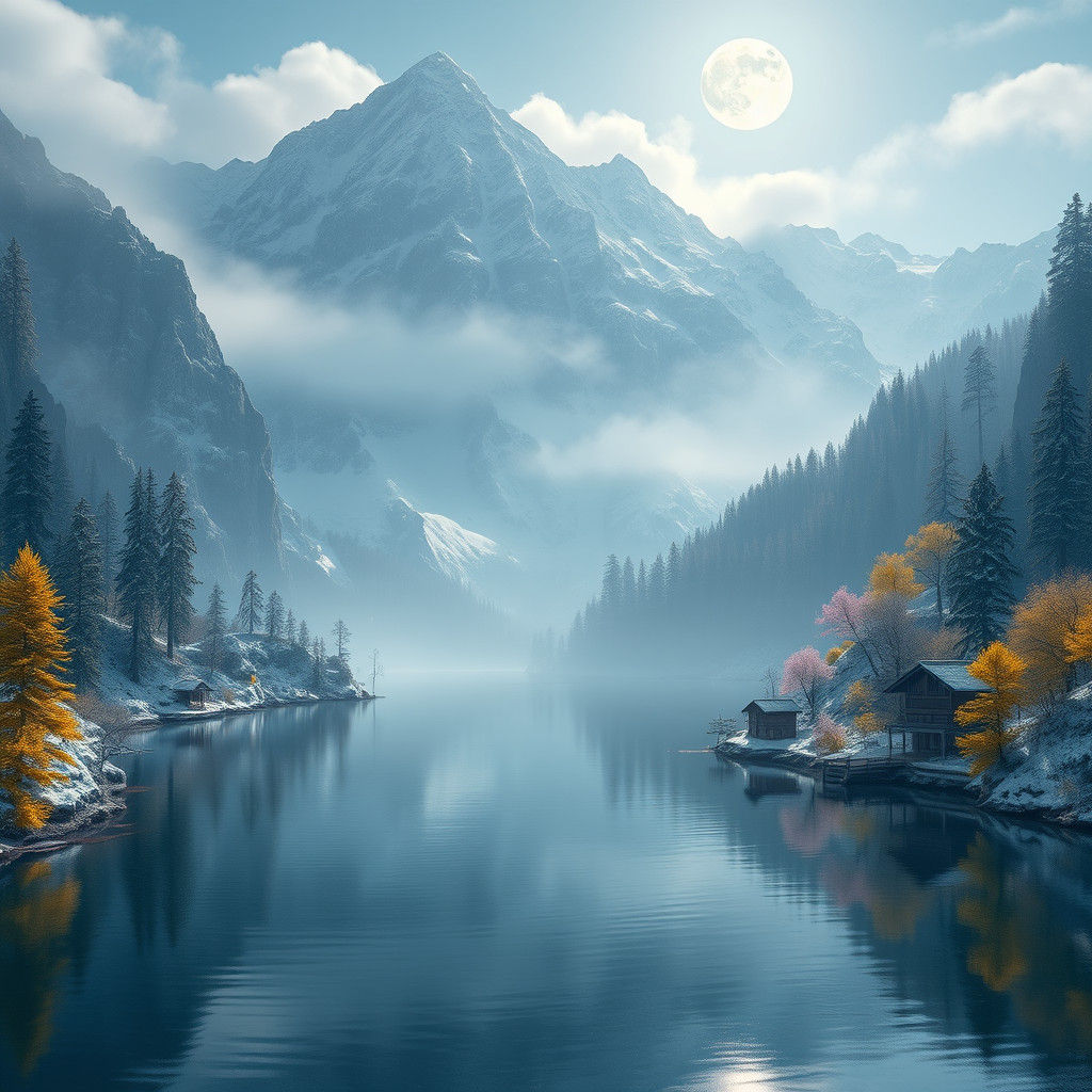 Snowy Lake Waterfall in Dreamlike Fantasy Landscape