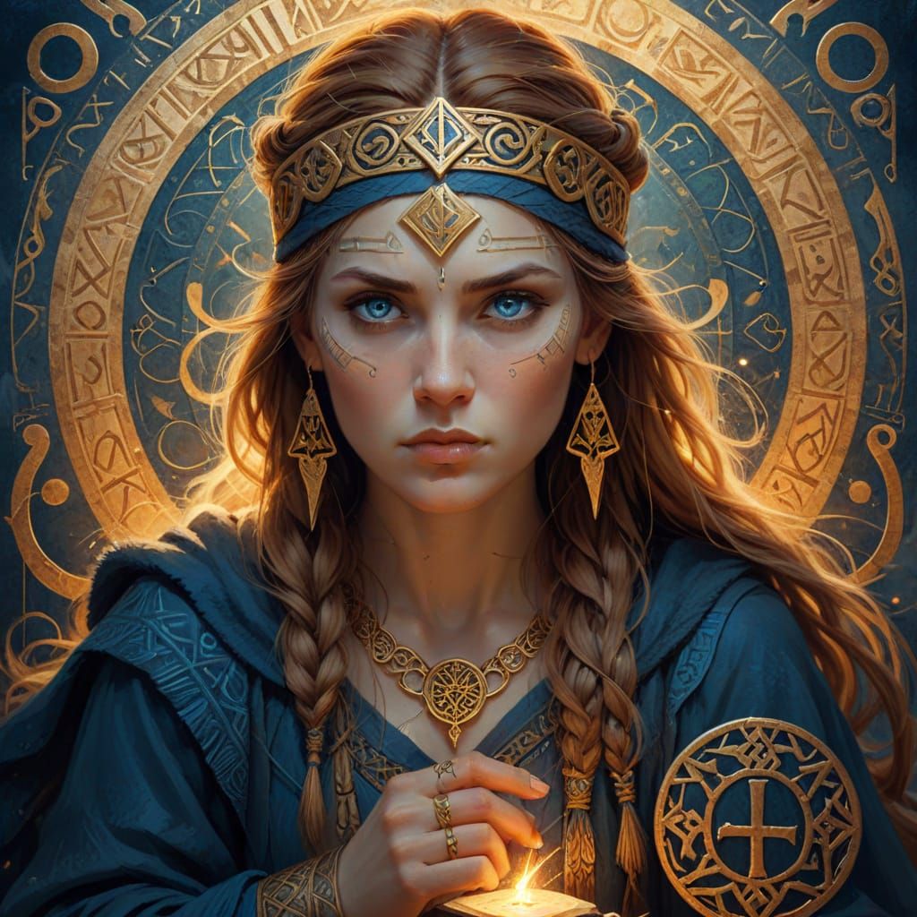 Viking Woman Studying Runes in Art Nouveau Style