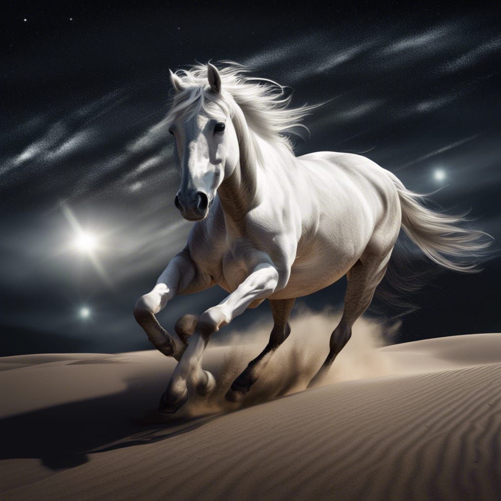 Dramatic White Horse Running Under Starry Sky