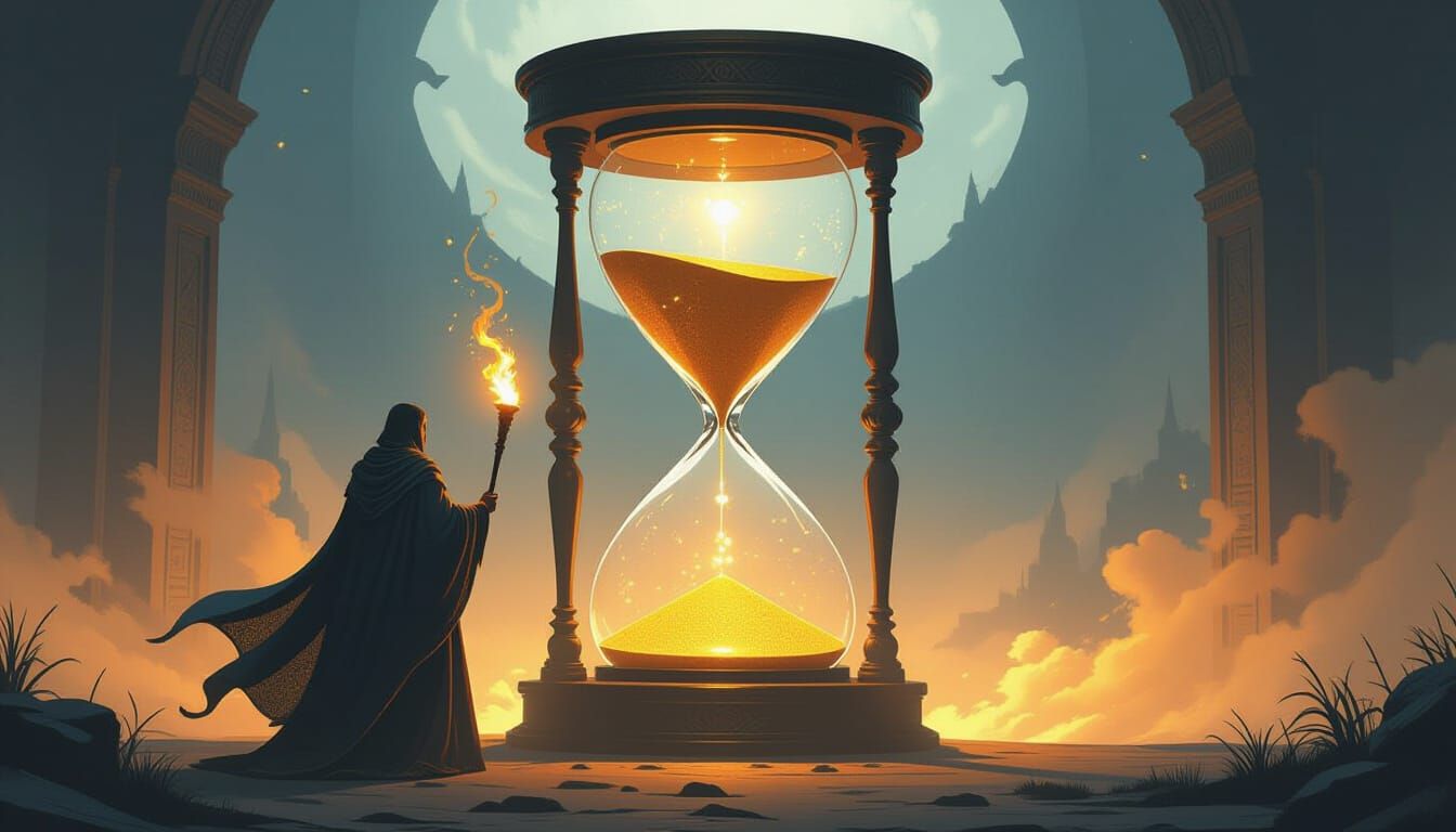 Contemplating Time: Person Before Giant Hourglass with Torch