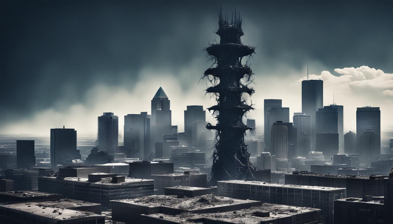 Dystopian Calgary Skyline Inverted and Overgrown