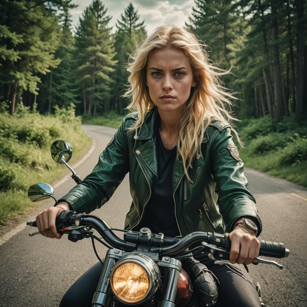 Blonde Biker Portrait in Cinematic Style
