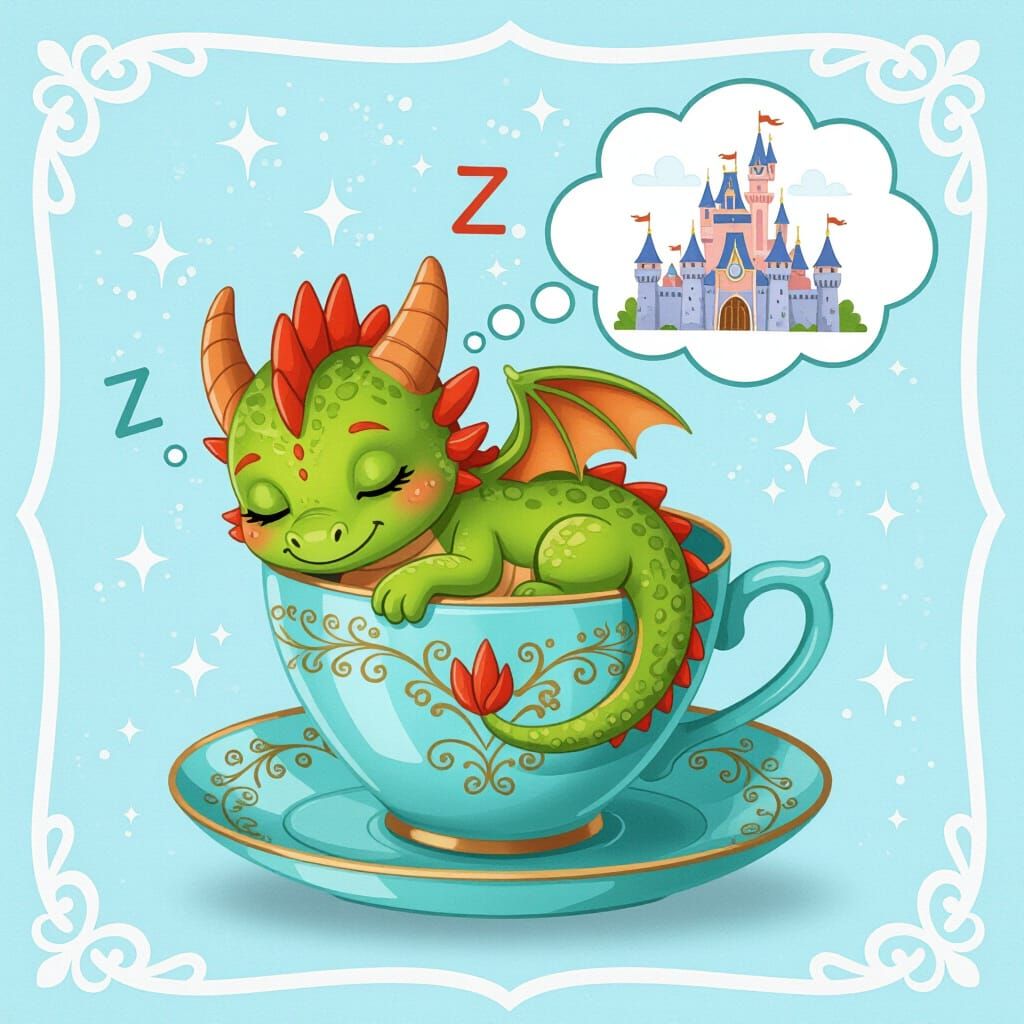 Baby Dragon Sleeping in Teal Teacup Cartoon Illustration
