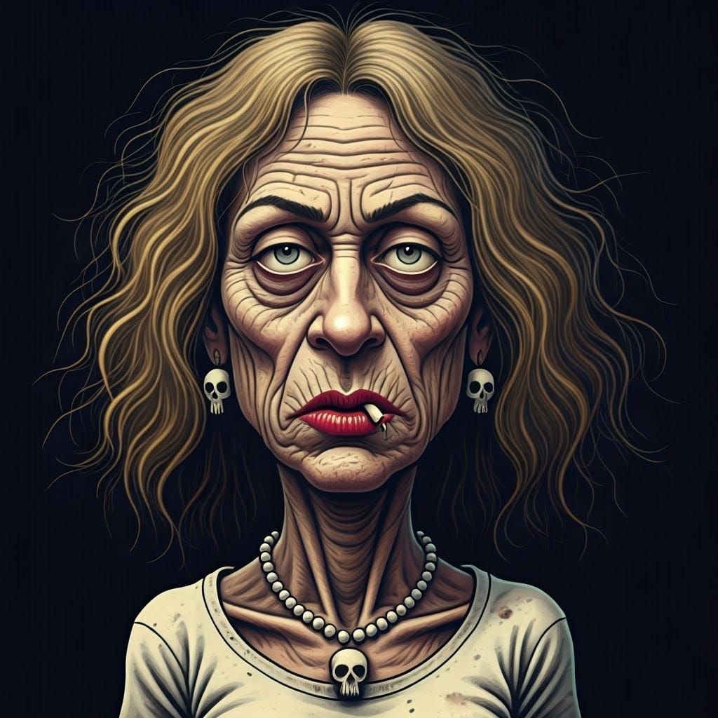 Ugly Woman Smoking in R. Crumb Cartoon Style