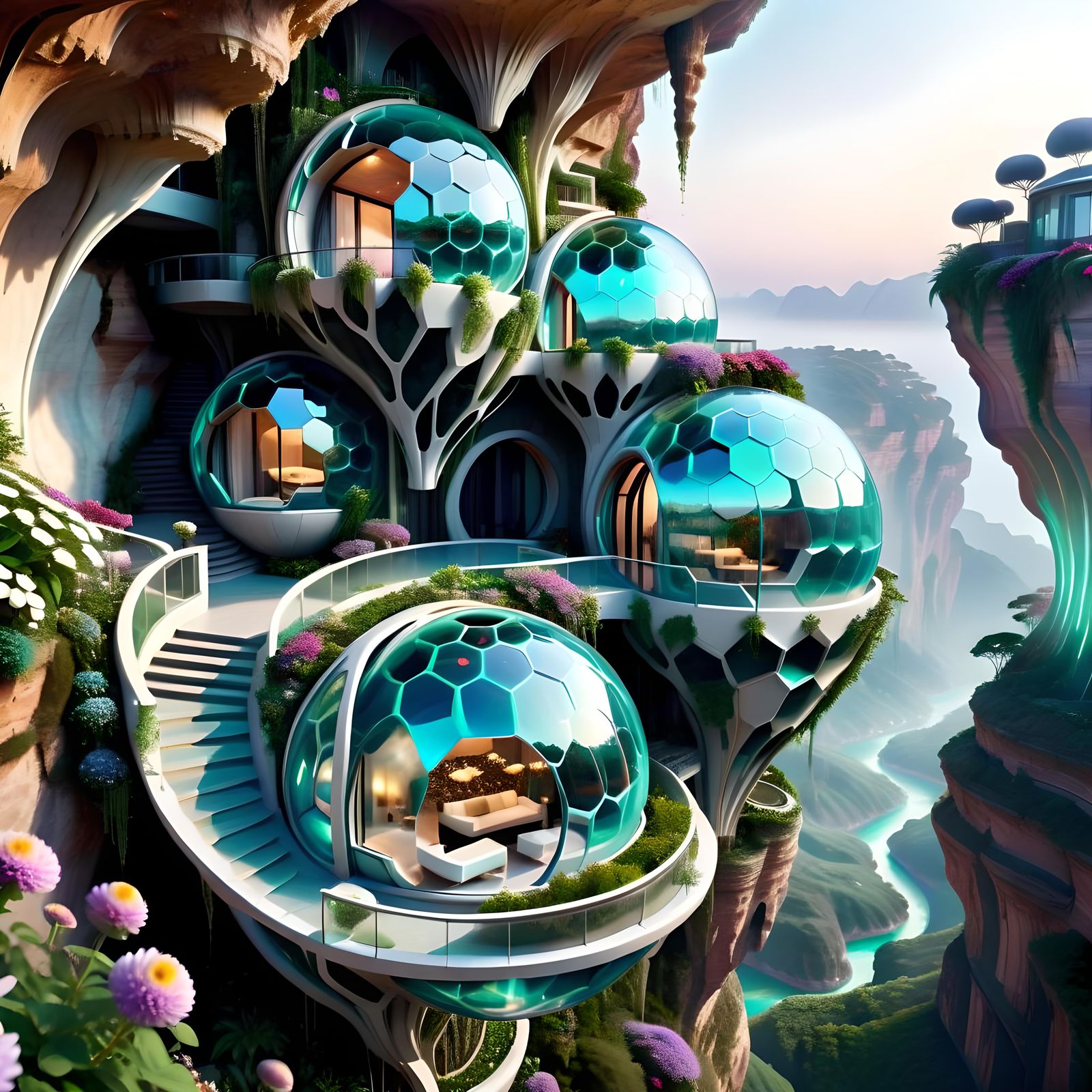 Futuristic Cliffside Home with Hanging Gardens
