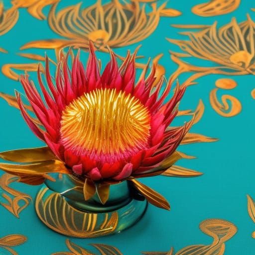 Flaming Fire Protea in Teal Vase