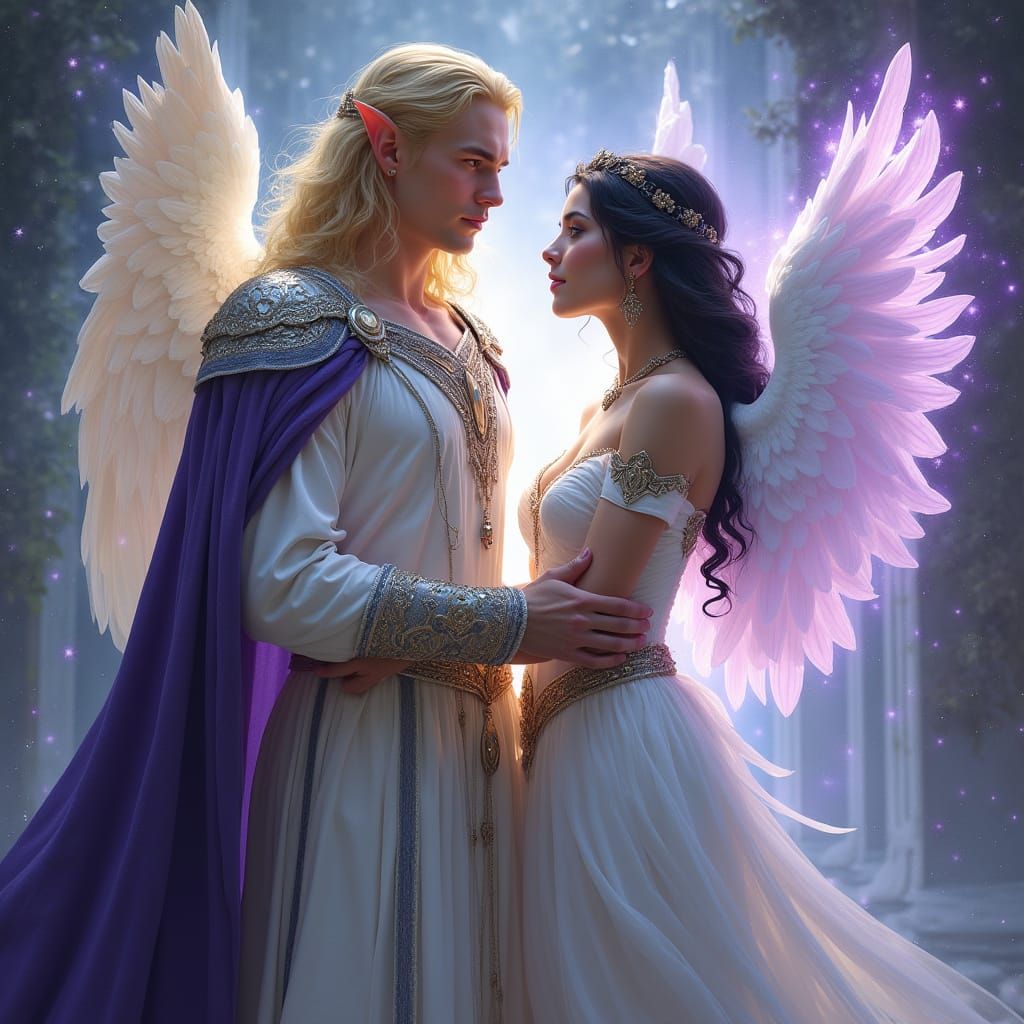 Regal Elven King and Angel Goddess Unite in Divine Harmony